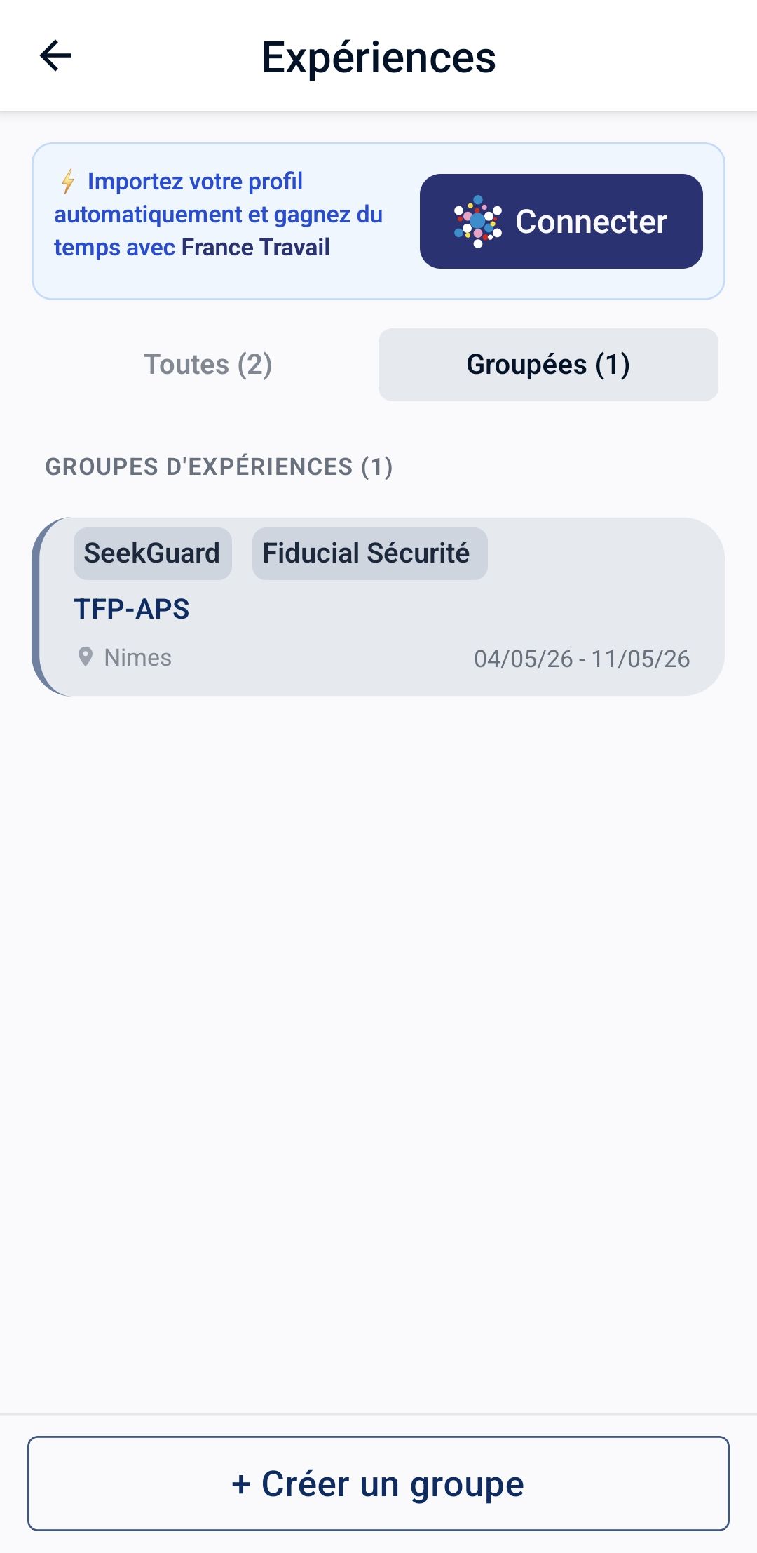 Capture d'écran de la section de modification des expériences sur l'application SeekGuard